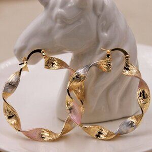 18K Yellow Gold Filled Tri  Color Carved Swirl Twist Beaded Hoop Earrings Gift